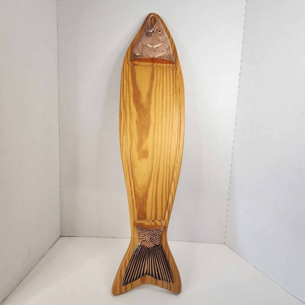 Vintage 29" Wood Copper Salmon Fish Charcuterie Platter Serving Board MCM